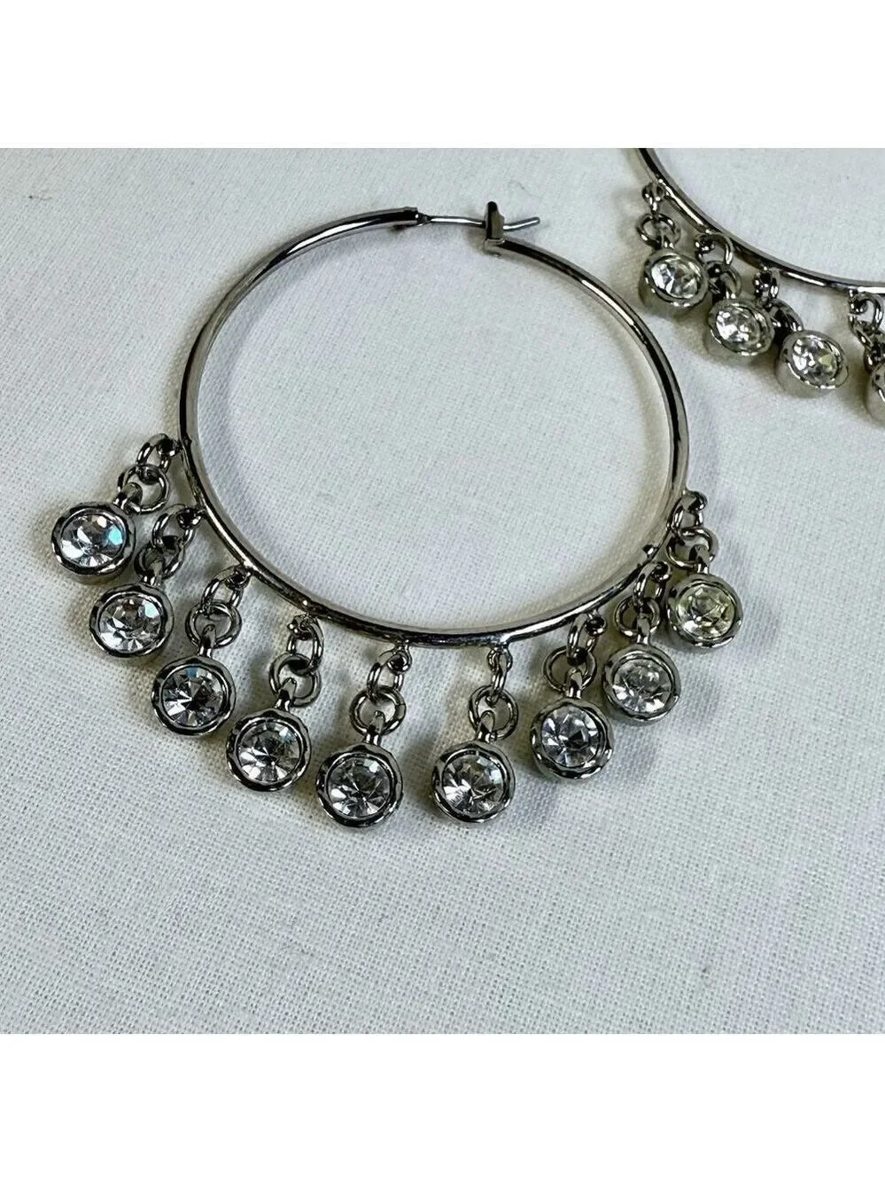 Silver Tone Large Hoop Dangle Rhinestone Earrings
